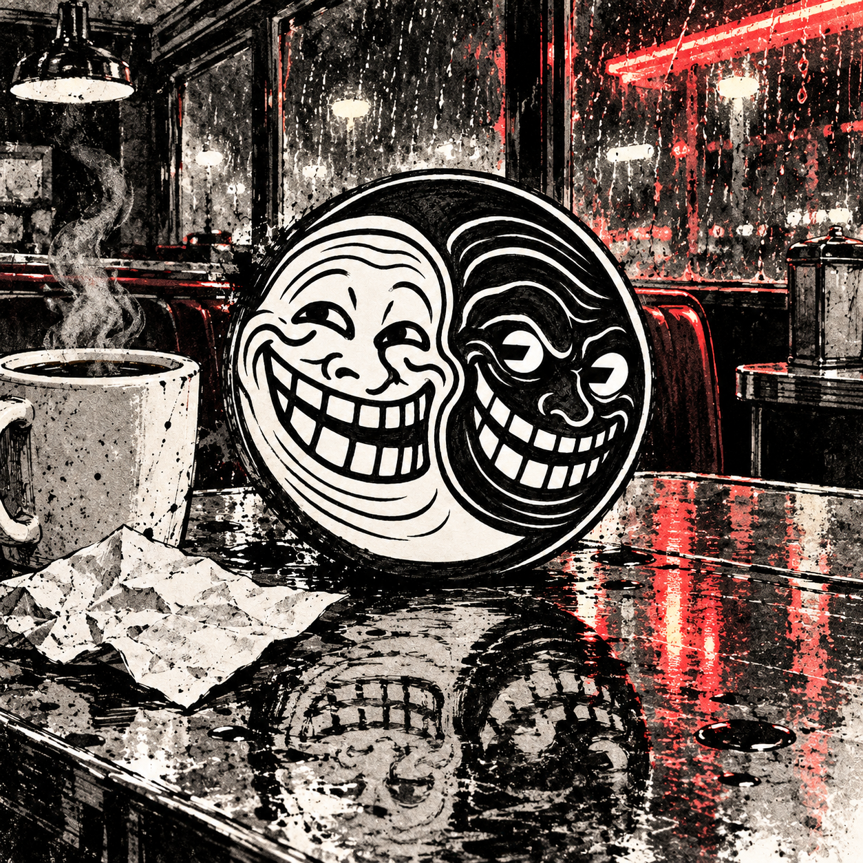 The two-faced troll emblem on an all-night diner counter beside a cup of coffee