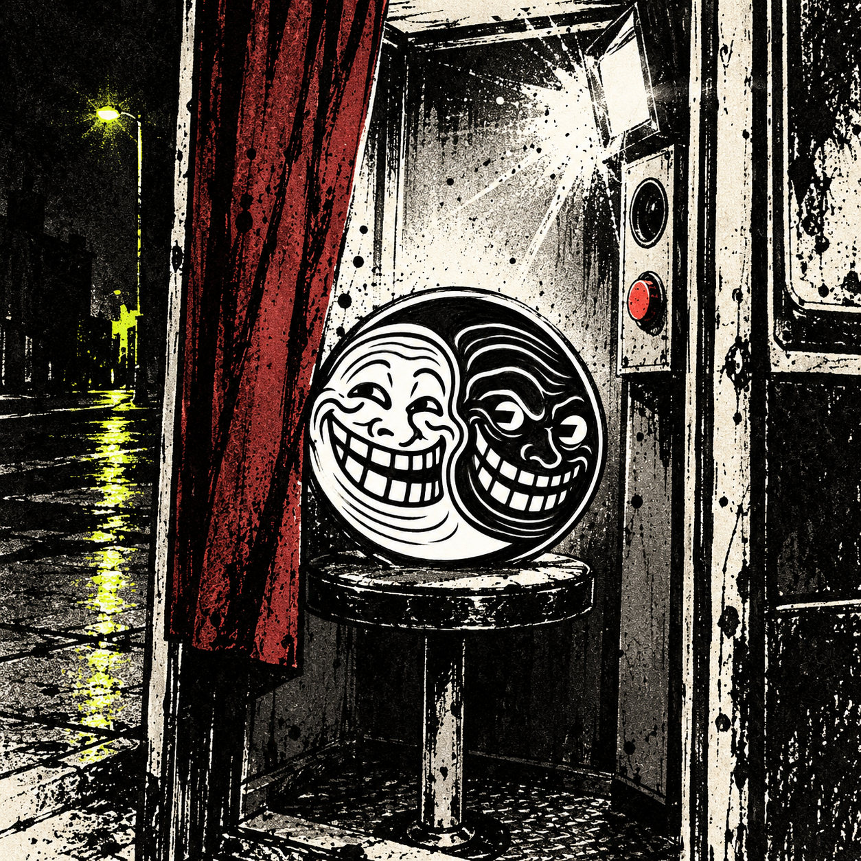 The two-faced troll emblem inside a coin-operated photo booth at night