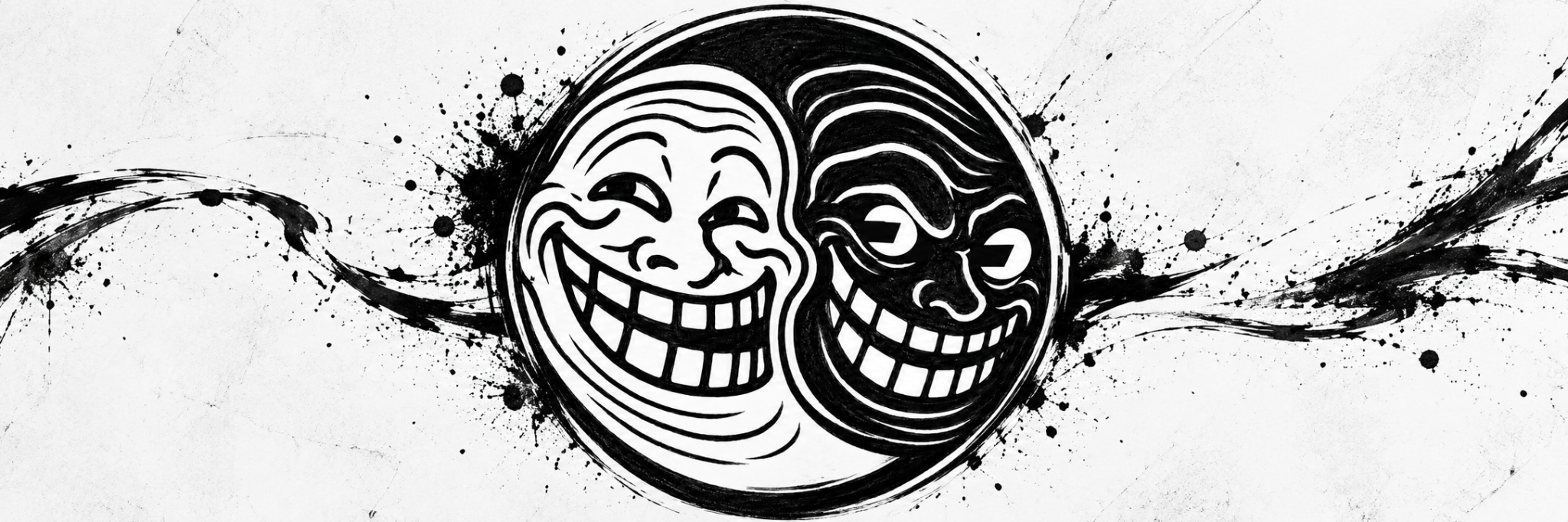 Original wide black ink Trolls of FOMO banner on white paper