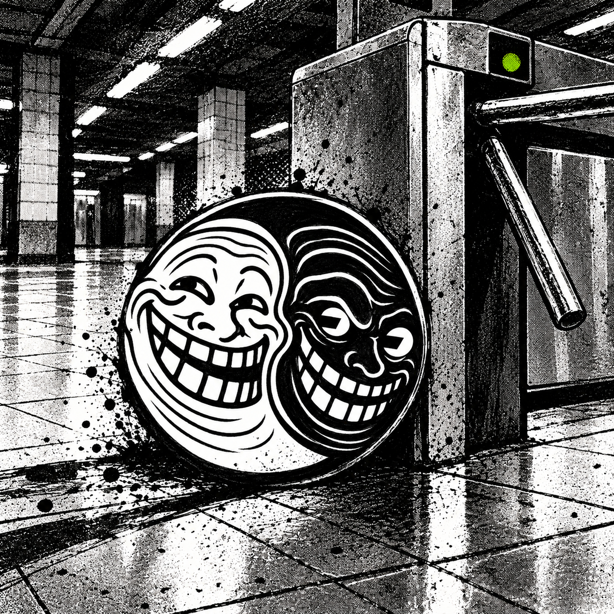 The two-faced troll emblem by a turnstile in an empty underground ticket hall