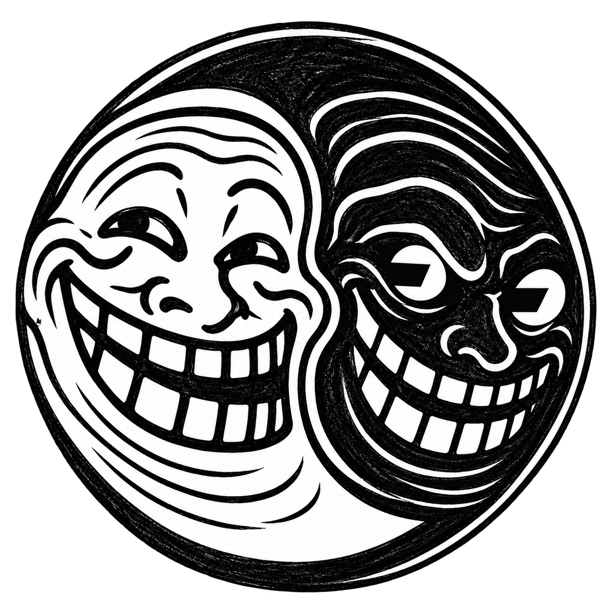 Large black-and-white circular Trolls of FOMO emblem with two grinning faces